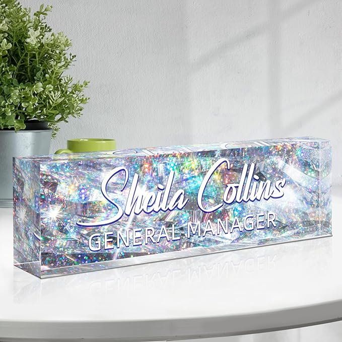 Custom Name Plate for Desk, Employee Appreciation Gifts, Office Decor, Acrylic Personalized Desk Accessories, Funny Gifts for Coworkers Boss Teacher (Silver Glitter)