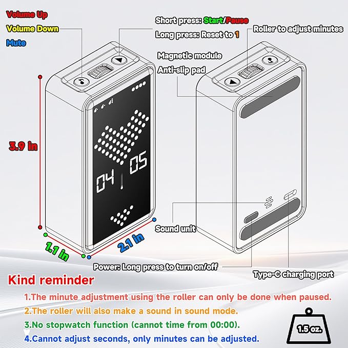Digital Hourglass Timer, Rechargeable Magnetic Visual Timer with Large LED Display, Adjustable Volume for Classroom, Cooking, Fitness, Baking, Kids Learning & Teaching (White)