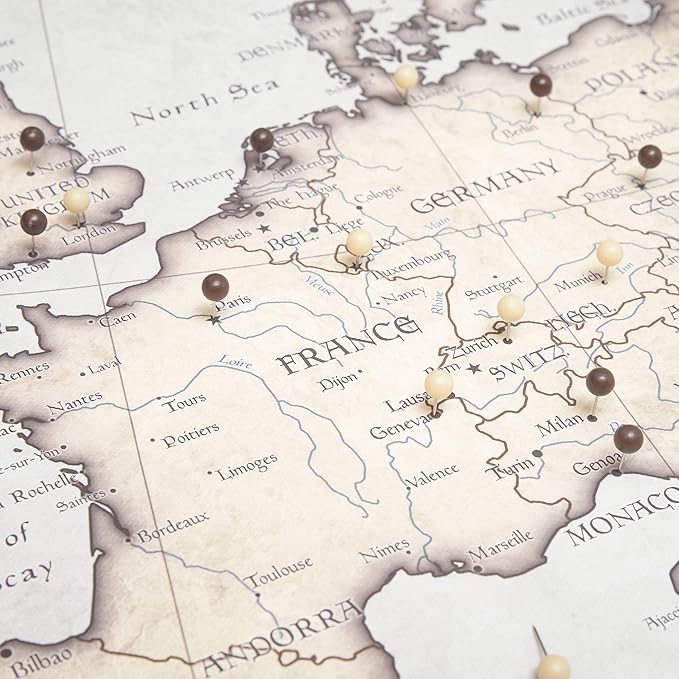 Conquest Maps Push Pin Europe Map Board - With Push Pins to Mark Europe Travel - Handmade in Ohio, USA - Design: Rustic Vintage