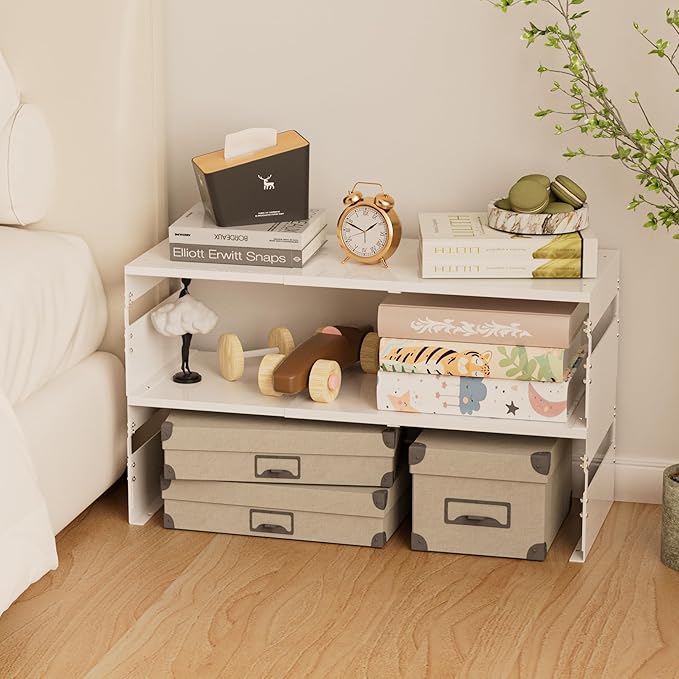Adjustable Metal Bedside Shelf – Stackable Shelf for Bedroom, Living Room, Office, Space-Saving Storage Organizer, Easy Assembly，Sleek Matches Any Decor(1PACK/White)