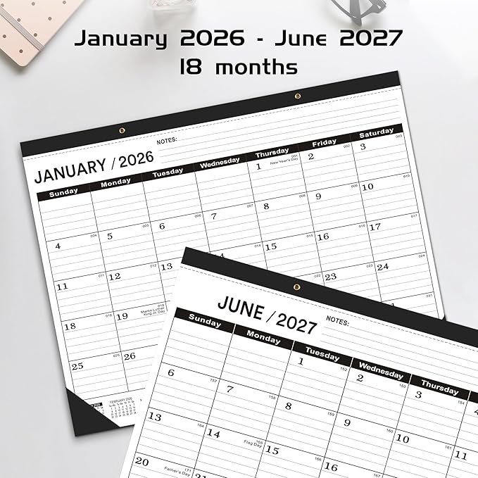 Desk Calendar 2026, Desk Calendar 2026 Large 22 x17(January 2026 - June 2027),2026 Calendar,Classic Black,Large Calendar 2026-2027 with Plastic Cover(2 PACK)