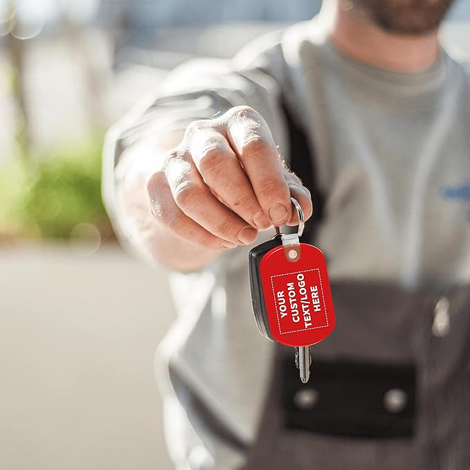 DISCOUNT PROMOS Tag Soft Plastic Keychains - 100 pack - Customizable Text, Logo - Small Key Tag Chain For Staying Organized - Rubber Key Ring Keychain – Red