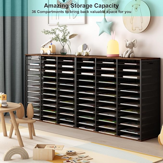 PAG Mass Mail Sorter - Adjustable Mail Holder, Countertop Literature Organizer, Student Mailbox for Classroom, Desktop Bill Paper Organizer for Office Home School, 36 Compartments, Brown