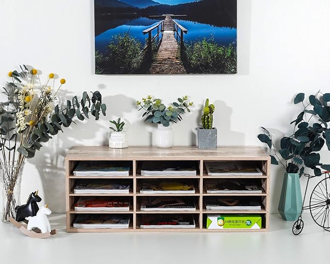 PAG Mail Sorter Wood Countertop Literature Organizer, Student Mailbox for Classroom, Desktop Bill Paper Holder Rack for Office Home School, 12 Compartments, Retro White