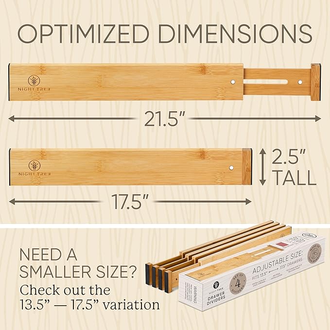 Night Tree Expandable Bamboo Drawer Dividers – drawer separators for Clothes, Kitchen Utensils, Bathroom, and Dresser Drawers (17.5" to 21.5")