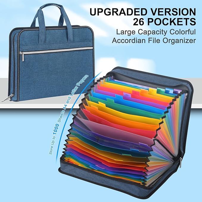 SEEKIND Heavy Duty Accordian File Organizer with Handle,26 Pockets Expanding File Folder, Portable Cloth Document Organizer Accordion File Keeper for Letter Size / A4 File, for Office, School-Teal …
