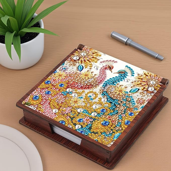 Wooden DIY Red Blue Peacock Diamond Art Notecard Box – DIY Gem Art Sticky Note Holder for Adults 160 Sheets Memo Pad Storage