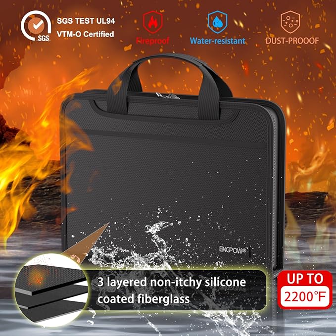 ENGPOW Accordion File Organizer, Fireproof Expanding File Folder with 13 Pockets Document Organizer with Handle & Labels, Portable Home Travel Safe Storage for Letter A4 Files and More, Black