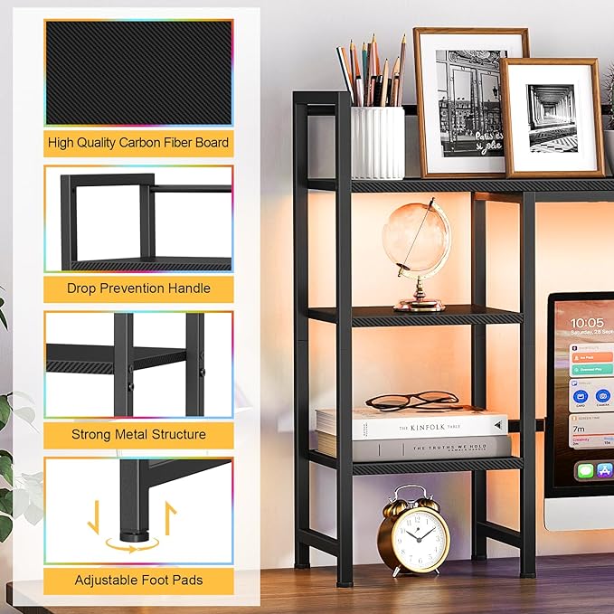 Snughome Desk Shelf with LED Strip, 38.6" Desktop Organizer Shelf, Desk Hutch for Computer Monitor, 4 Tier Desk Display Rack, Wood Desktop Bookshelf Storage Rack for Home Office Dorm