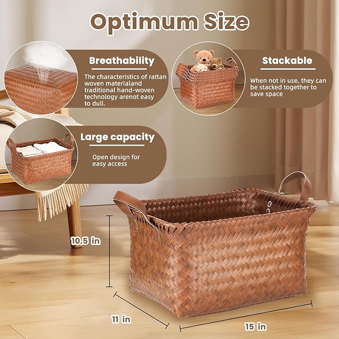 Storage Baskets 4-Pack - Woven Laundry Basket Organizer, 15x11x10.5 Inch Open Hamper Bins for Clothes Blanket Storage, Shelf Closet Organization, 25L Handwoven Rattan Baskets for Home Decor