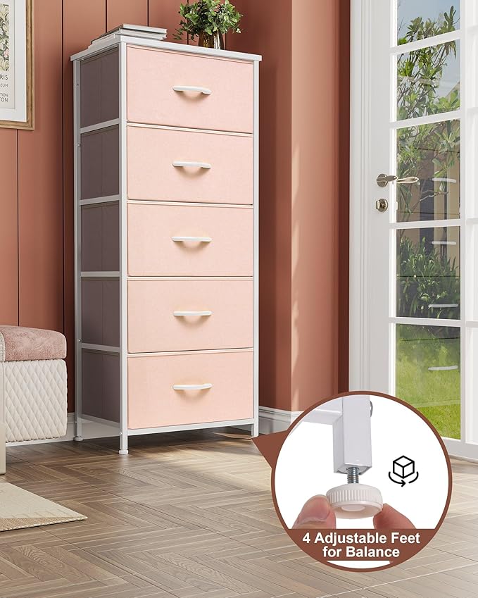 Crestlive Products Tall Dresser for Girls Bedroom, Chest of 5 Drawers, Fabric Storage Tower, Clothing Organizer for Bedroom, Hallway, Entryway, Closets, Nursery(Pink)