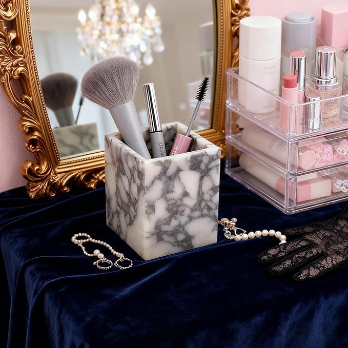 Marble Pen Holder, White Stone Rectangular Desktop Organizer, Office Study Makeup Brush Storage, Home Desk Decor, Minimalist Design, Durable Marble Accessory