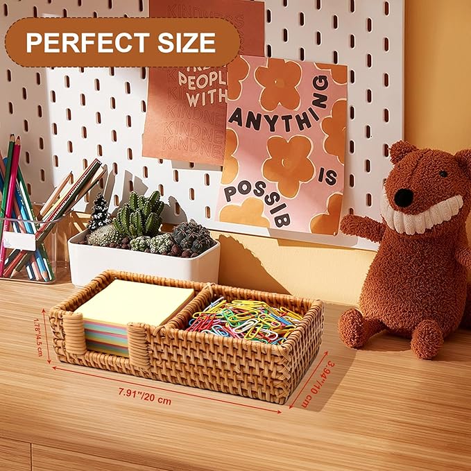 3 x 3 Inch Sticky Note Holder,Rattan Post It Note Dispenser,2 Slot Sticky Note Dispenser,Wicker Post It Holder for Home Office Desk Decor,Honey Brown