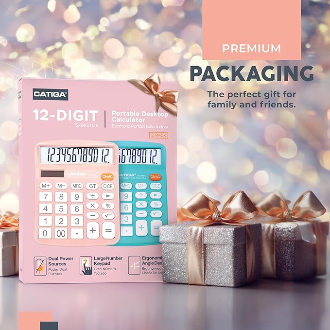 CATIGA Desktop Calculator (2 Pack) 12 Digit with Large LCD Display and Sensitive Button, Solar and Battery Dual Power, Standard Function for Office, Home, School, CD-2786 (Light Blue/Light Pink)