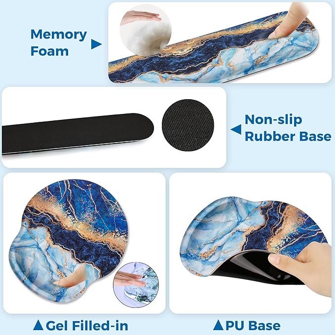Mouse Pad with Non-Slip PU Base,Gel Mouse Pad with Coaster,Pain Relief for Gaming, Computer,Office -White Blue Marble