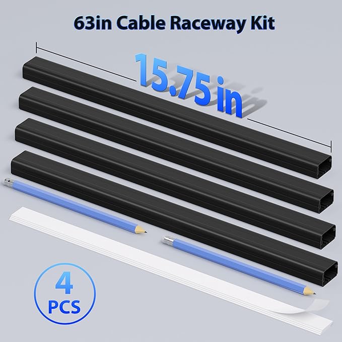 ZhiYo Large Capacity Wire Hiders for TV on Wall for 2-4 Cords, 63in (4xL15.8in) PVC Cable Cover with Adhesive Tape, Snap and Lock Design for Wall Mounted TV, Black Cord Covers for Wires on Wall
