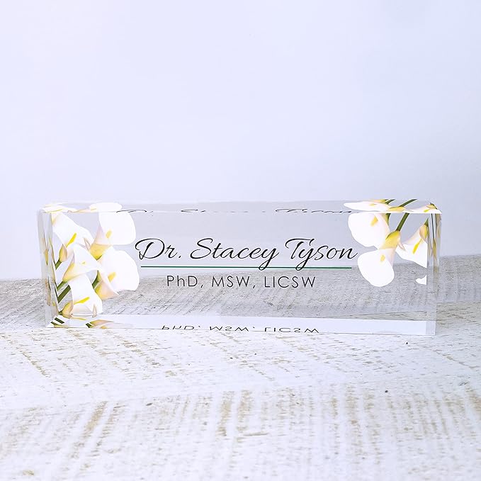 Artblox Office Desk Name Plate Personalized | Custom Name Plates for Desks | Calla Flowers Design On Clear Acrylic Glass | Office Desk Decor - (8" x 2.5")