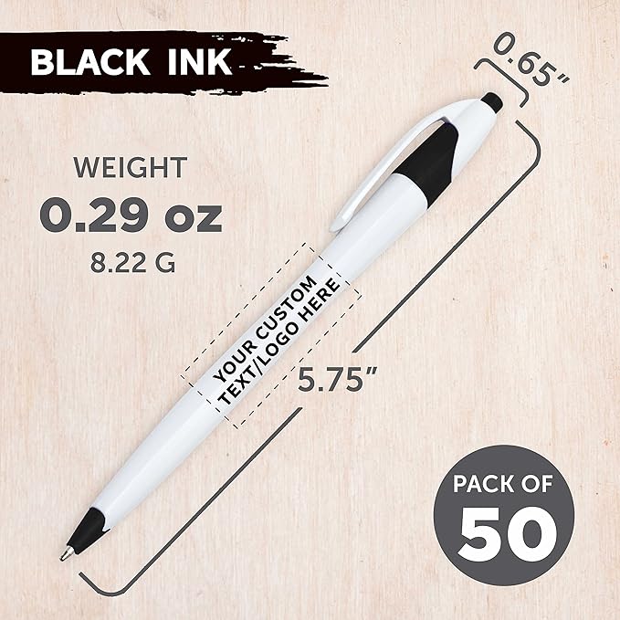 DISCOUNT PROMOS Custom Slim Curvy Ballpoint Pens Set of 50, Personalized Bulk Pack - Black Ink, Retractable, Great for Office, School, Tradeshows - Black