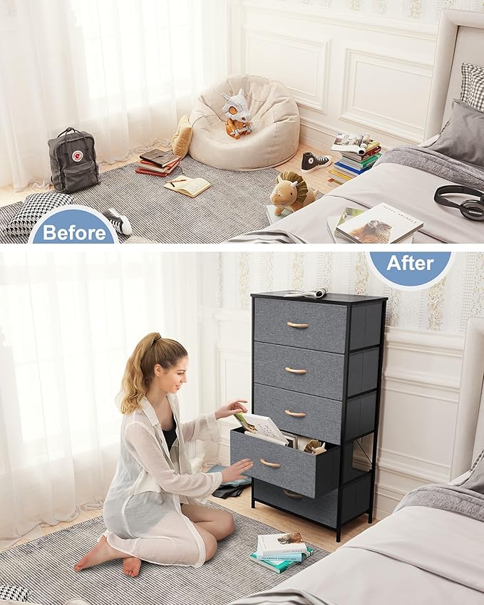 Crestlive Products Vertical Dresser Storage Tower - Sturdy Steel Frame, Wood Top, Easy Pull Fabric Bins - Wide Organizer Unit for Bedroom, Hallway, Entryway, Closets - 5 Drawers(Gray)