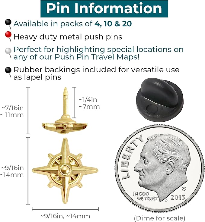 Compass Push Pins - Gold Metal Compass Rose Pins - for Cork Board, Maps, or Lapel Pin Use - Designed in USA - Set of 20