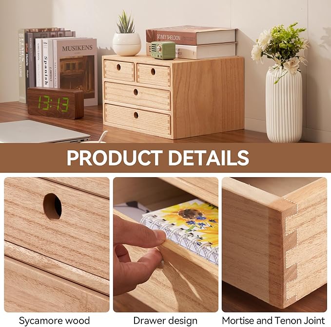 Kirigen Natural Wood Desktop Organizers with Drawers - Home Workspace Office Supplies Wooden Storage Box Shelf Case - Hold Makeup Box (NA, 3-Layer &4 Drawers)