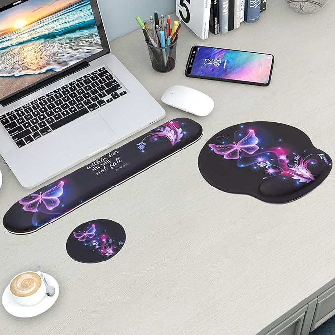 Mouse Pad and Keyboard Wrist Rest Support, with Non-Slip PU Base,Gel Mouse Pad with Coaster,Pain Relief for Gaming, Computer,Office -Vector Butterflies