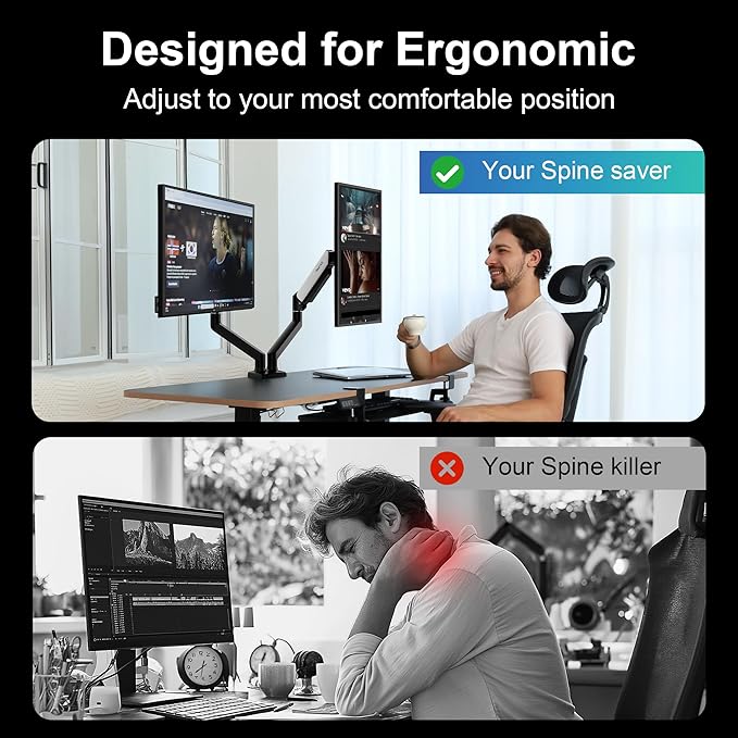 NearHub Dual Monitor Desk Mount for 13-32" Computer Screen,Adjustable Gas Spring Monitor Arm,Each Arm Holds 4.4 to 22 lbs,Swivel/Tilt/Rotation,VESA 75X75mm 100X100mm,C Clamp & Grommet Mounting Base