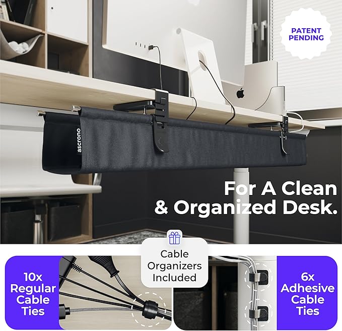 Ascrono Original No Drill Under Desk Cable Management Tray 40.6" - Premium Black Fabric Cable Management Under Desk - Clamp/Screw Mount Cord Organizer - Supports Upto 66lbs - Large