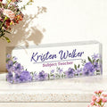 Ship Next Day-Custom Name Plate for Desk, Desk Name Plate Personalized, Acrylic Office Desk Accessories, Appreciation Gifts for Coworkers EmployeeTeachers Boss Women Men (Purple Flowers)