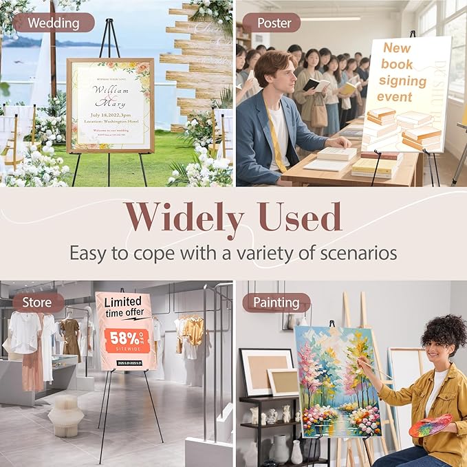 AZEAM 63" Easel Stand for Sign, 10 Pack Portable Easel for Painting, Foldable Black Metal Easel Display Stand Poster Holder Adjustable Sign Stand for Display Wedding Arts Poster
