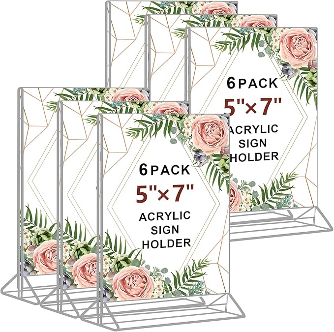 Seencool 5 x 7 Acrylic Sign Holder - Clear Wedding Table Number Holder, Double Sided Picture Frames with Vertical Stand, T Shape Desktop Display Stand for Office, Home, Store, Restaurant