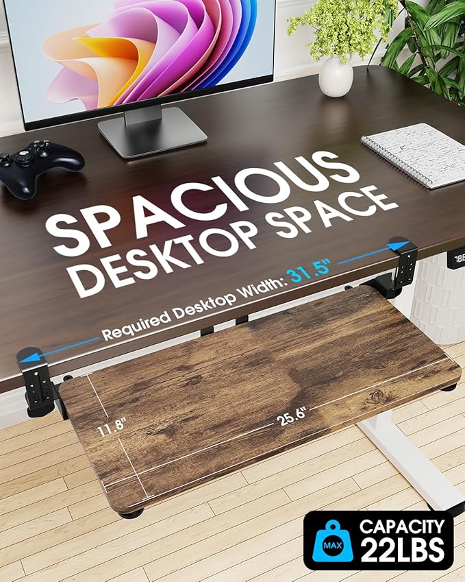 Large Keyboard Tray Under Desk, Pull Out Keyboard & Mouse Tray with Adjustable C-clamp, 25.6(31.5 Including Clamps) x 11.8 Inch Slide Out Computer Keyboard Drawer Mouse Tray for Typing, Brown
