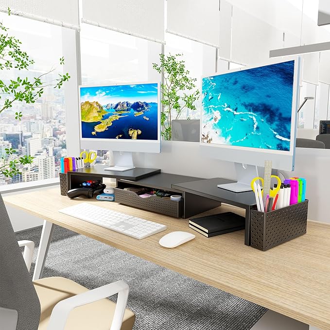 Spacrea Metal Desk Organizers and Accessories, Dual Monitor Stand Riser with Drawer and 2 Pen Holders, Desk Accessories & Workspace Desktop Organizers for Office Supplies (Black)