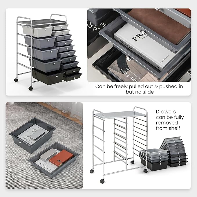 ARLIME 15-Drawer Storage Cart, Grey, Metal and Plastic Frame, Polypropylene Boxes, Rolling Organizer for Office and School