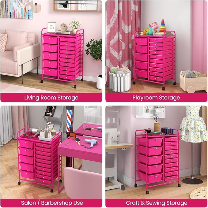 ARLIME 15-Drawer Storage Cart, 15 Drawer Trolley, Rolling Organizer Cart, Scrapbook Paper Organizer, Suitable for Office and School, Rolling Office Storage Tools (Hot Pink)