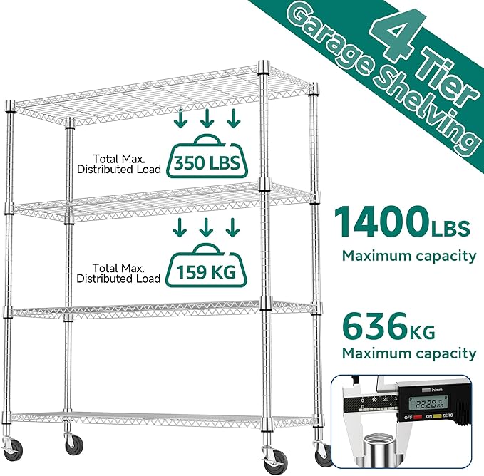 4 Tiers Shelf 1400 lbs Steel Storage Shelving Utility Shelving Unit Steel Organizer Wire Rack for Home,Kitchen,Office,Garage Chrome 17.7" D x 47.2" W x 62.6" H