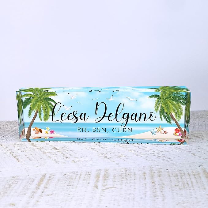 Artblox Office Desk Name Plate Personalized | Custom Name Plates for Desks | Sea Beach Design On Clear Acrylic Glass | Office Desk Decor - (8" x 2.5")