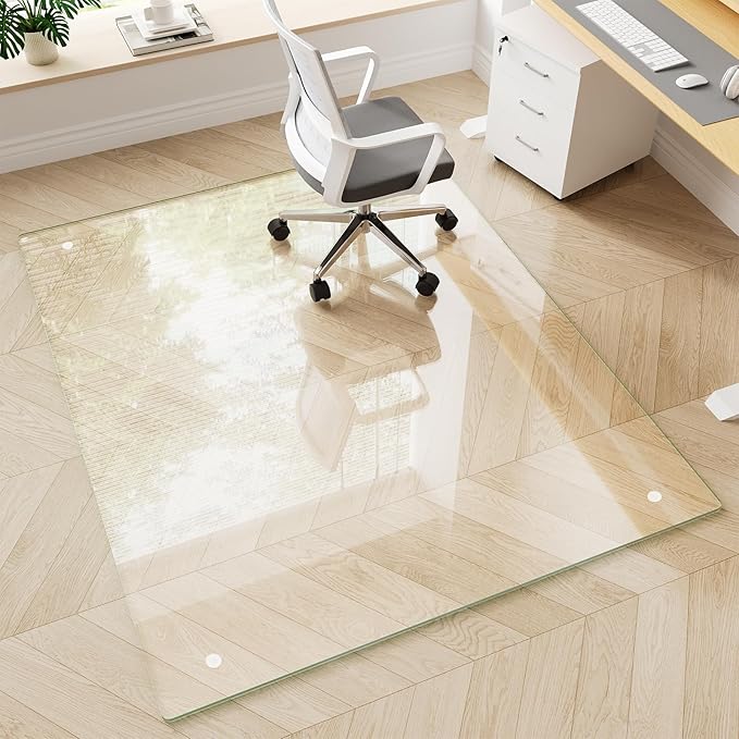 FlyEcho Glass Chair Mat 48" x 60" Heavy Duty Tempered Glass Office Chair Mat, Glass Floor Mat with Polished Edge and Round Corner for Smooth Glide, Carpet Hardwood Floor Protector
