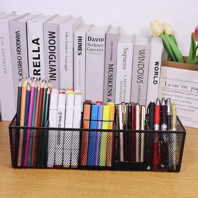 Black Mesh Pen Pencil Holder, Small Metal Desk Organizer Desktop Stationery Office Supplies Acessories Storage Stand, 5 Compartments Brushes Holder for Home School Classroom Teachers