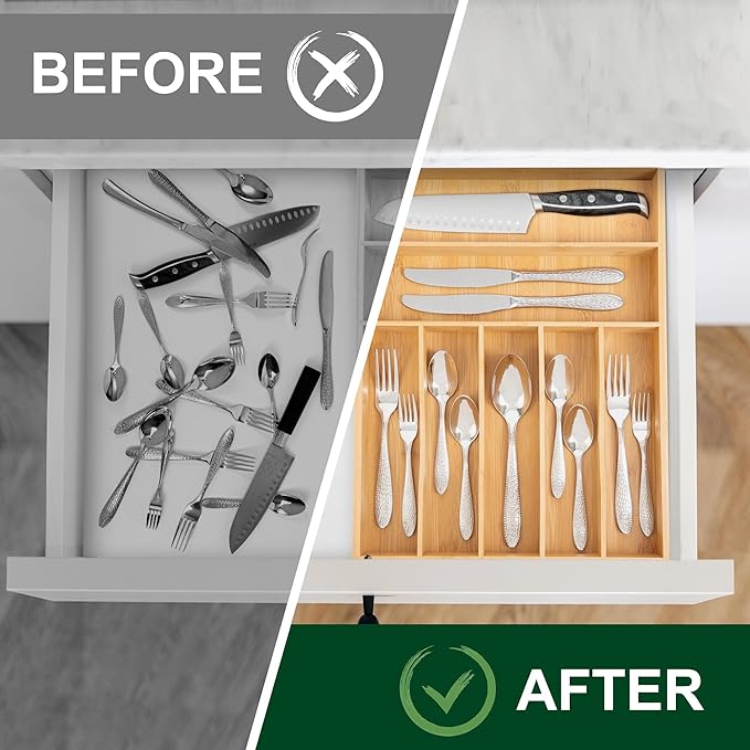 Bellsal Natural Utensil Organizer 12.5 Inch Silverware Organizer for Drawer Utensil Holder Cutlery Organizer Kitchen Drawer Organizer 7 Compartment Small Narrow Bamboo