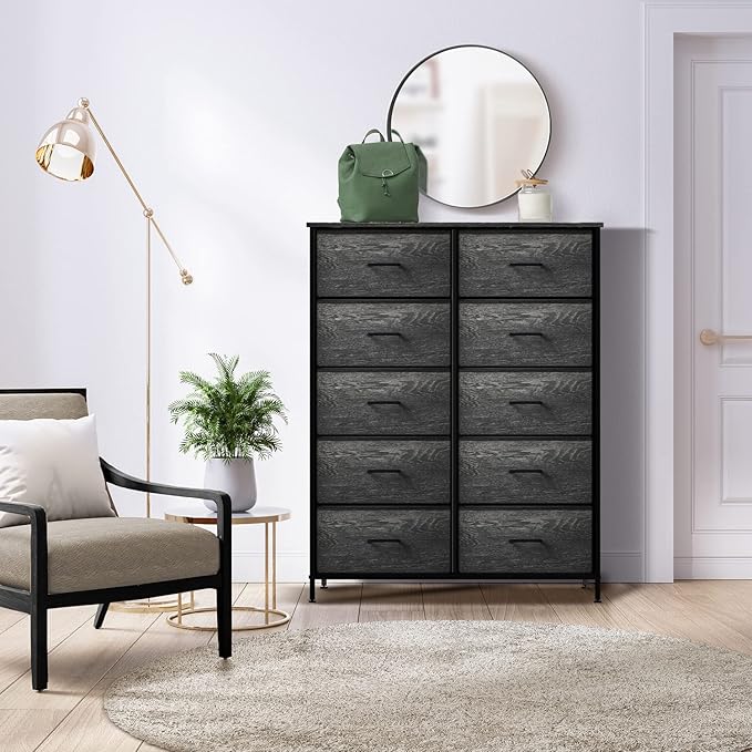 Sorbus Dresser with 10 Faux Wood Drawers - Chest Organizer Unit with Steel Frame Wood Top & Handle Easy Pull Fabric Bins for Clothes - Storage Furniture for Bedroom, Hallway, Living Room & Closet