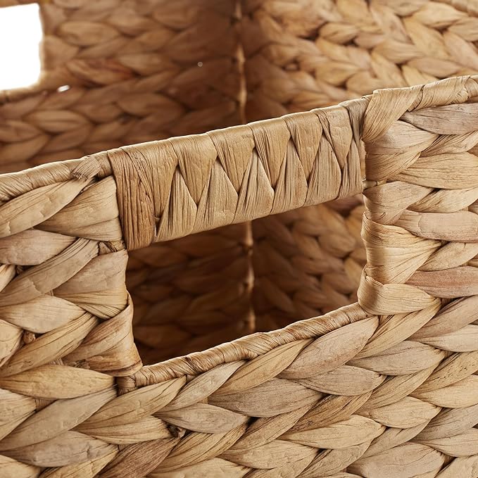 Casafield 12" x 12" Water Hyacinth Storage Baskets, Natural - Set of 4 Collapsible Cube Organizers, Woven Bins for Bathroom, Bedroom, Laundry, Pantry, Shelves
