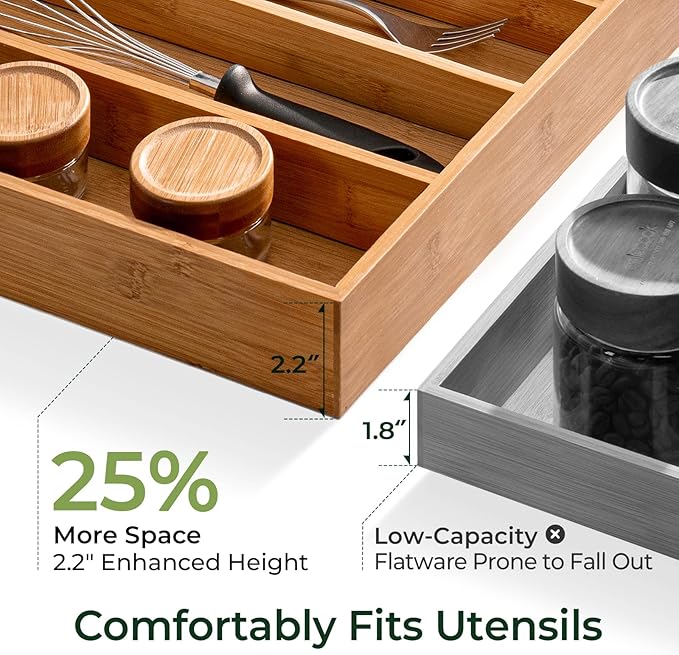 Carbonized Bamboo Kitchen Drawer Organizer, 8 Slots Silverware Organizer, Utensil Holder & Cutlery Tray, 2.2" Deep for Extra Capacity, Non-Slip Feet Included