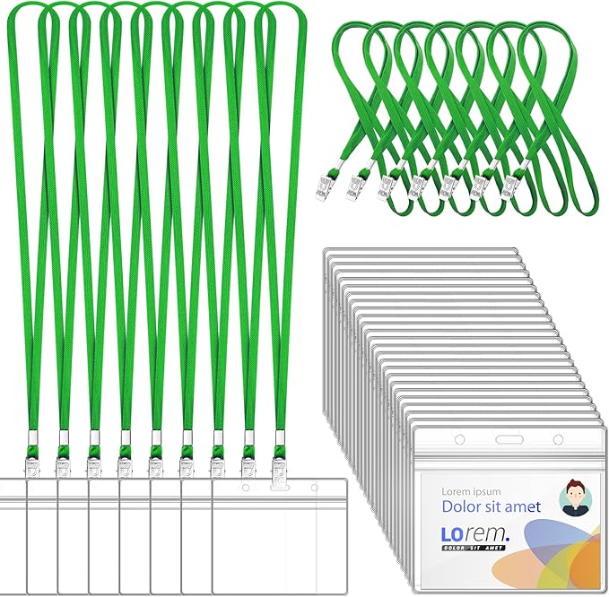 100Pcs Lanyards for ID Badges and 100 Pcs Clear Plastic Horizontal Name Badge ID Card Holders, Flat Neck Lanyards with Clip Waterproof Resealable Name Tag Badge ID Card Holders (Green)