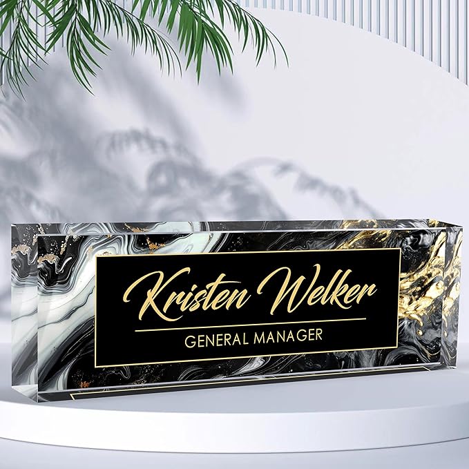 Custom Desk Name Plate Personalized, Acrylic Name Plates for Desk, Office Decor Personalized Gifts for Teacher Coworkers Boss Nurse (Black Gold Marble)