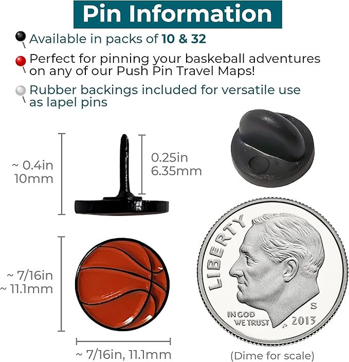 Basketball Push Pins, for Cork Board, Maps, or Lapel Pin Use, Designed in The USA, Basketball Pins, Set of 10