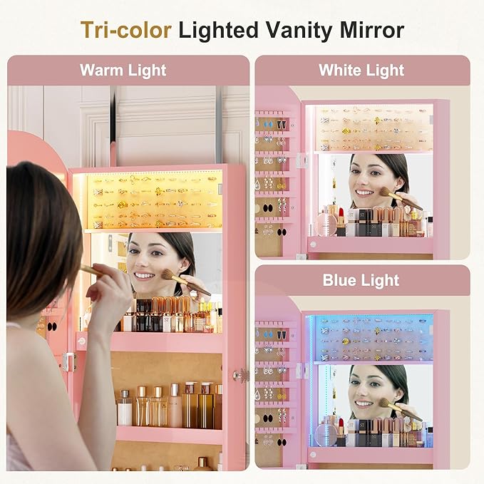 HNEBC LED Mirror Jewelry Cabinet,Wall or Door Mounted Jewelry Armoire Organizer with Lights,Lockable Wide Wavy Mirror with Storage,42.5" L Full Length Mirror with Jewelry Storage,Interior Mirror