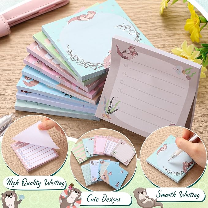 9 Pads Otter Sticky Notes 3x3 Inch Cute Self Stick Notepads Notes Adhesive Memo Pad Office Decor Gifts for Students School Teacher Meeting Office Supplies
