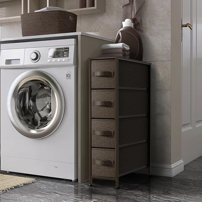 Sorbus Narrow Dresser with 4 Drawers - Vertical Slim Storage Chest of Drawers with Steel Frame, Wood Top & Easy Pull Fabric Bins for Small Spaces, Closets, Bedroom, Bathroom & Laundry (Brown)