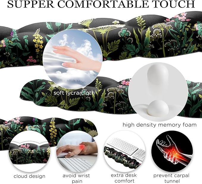 JIKIOU Cloud Wrist Rest Keyboard, Cloud Keyboard Wrist Pad Set with Comfortable Cloth, Cute Arm Rest for Palm Support, PC/Gaming Desk Accessories/Office Setup/Computer Hand Cushion Wild Flowers